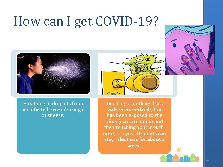 How can I get COVID-19? Breathing in droplets from an infected person's cough or