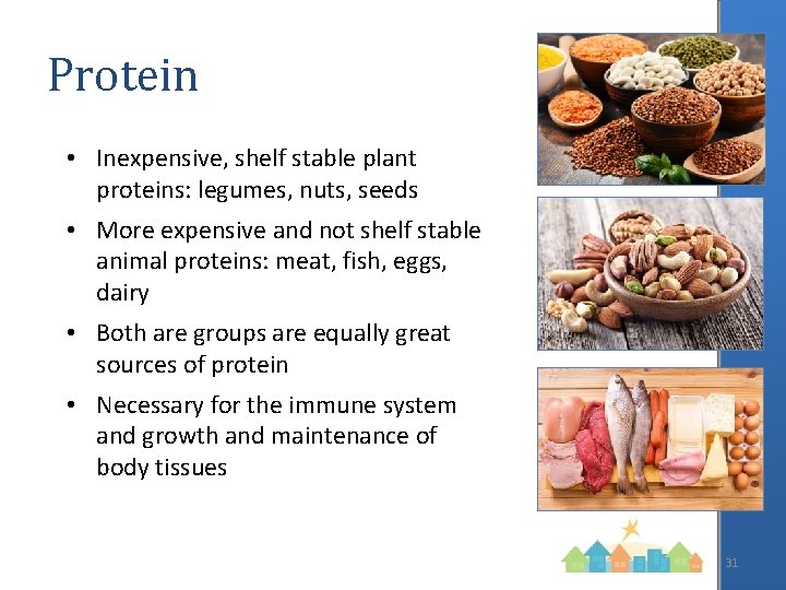 Protein • Inexpensive, shelf stable plant proteins: legumes, nuts, seeds • More expensive and