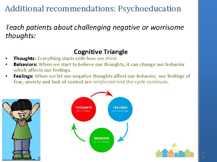 Additional recommendations: Psychoeducation Teach patients about challenging negative or worrisome thoughts: ▪ ▪ ▪