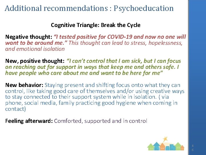 Additional recommendations : Psychoeducation Cognitive Triangle: Break the Cycle Negative thought: “I tested positive