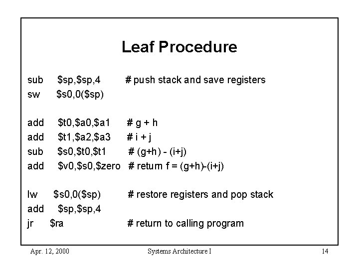 Leaf Procedure sub sw $sp, 4 $s 0, 0($sp) # push stack and save