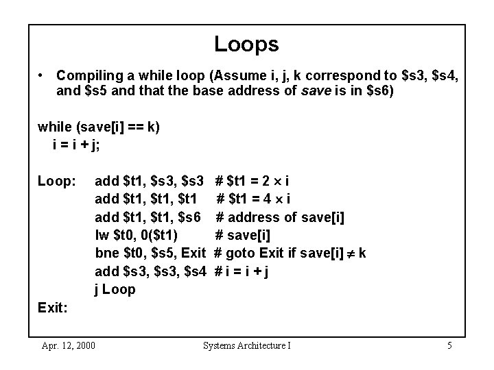 Loops • Compiling a while loop (Assume i, j, k correspond to $s 3,