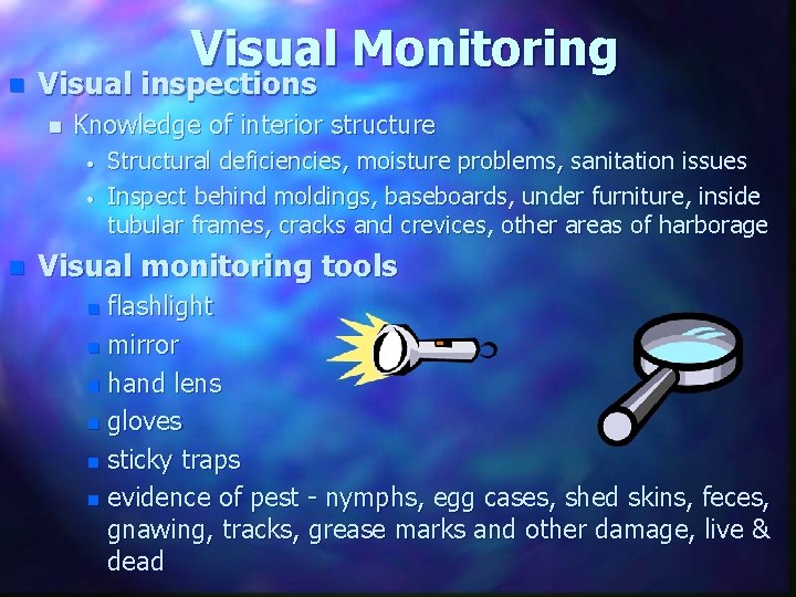 n Visual Monitoring Visual inspections n Knowledge of interior structure • • n Structural