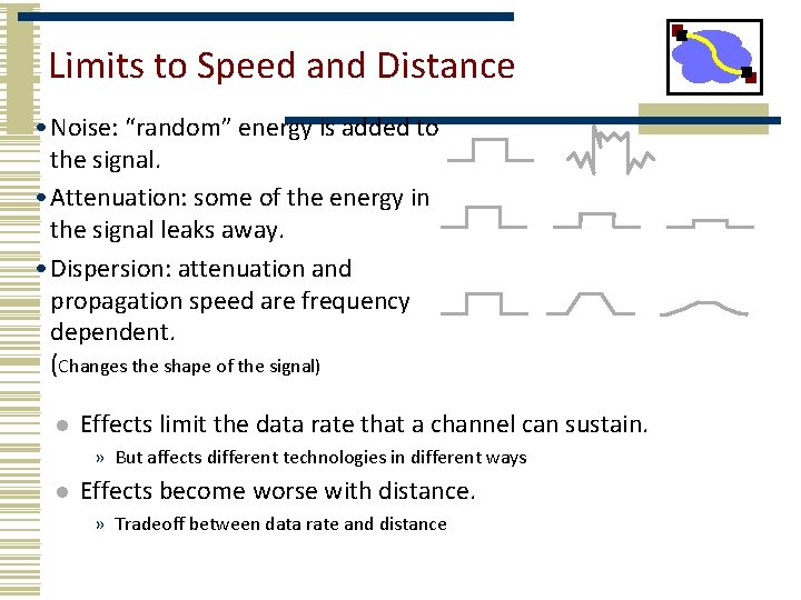 Limits to Speed and Distance • Noise: “random” energy is added to the signal.