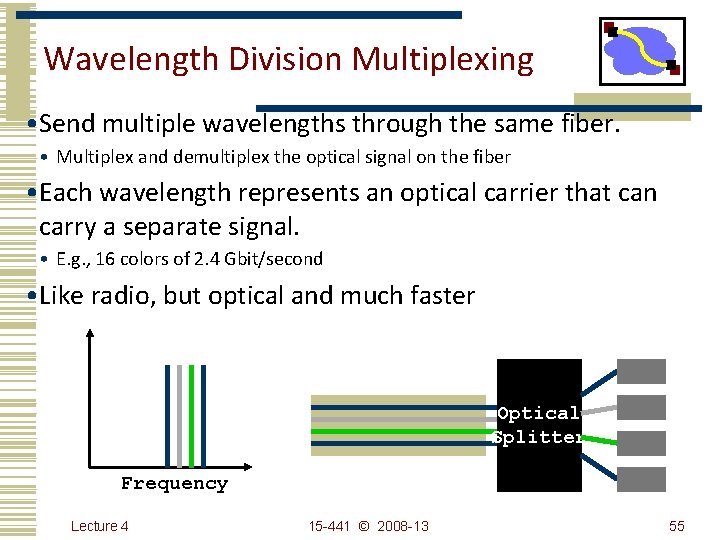 Wavelength Division Multiplexing • Send multiple wavelengths through the same fiber. • Multiplex and