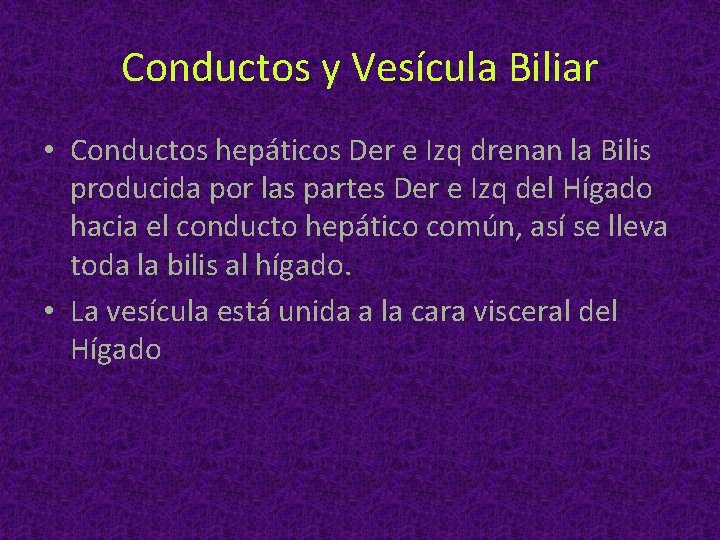 Conductos y Vesícula Biliar • Conductos hepáticos Der e Izq drenan la Bilis producida