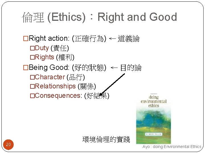 倫理 (Ethics)：Right and Good �Right action: (正確行為) ← 道義論 �Duty (責任) �Rights (權利) �Being