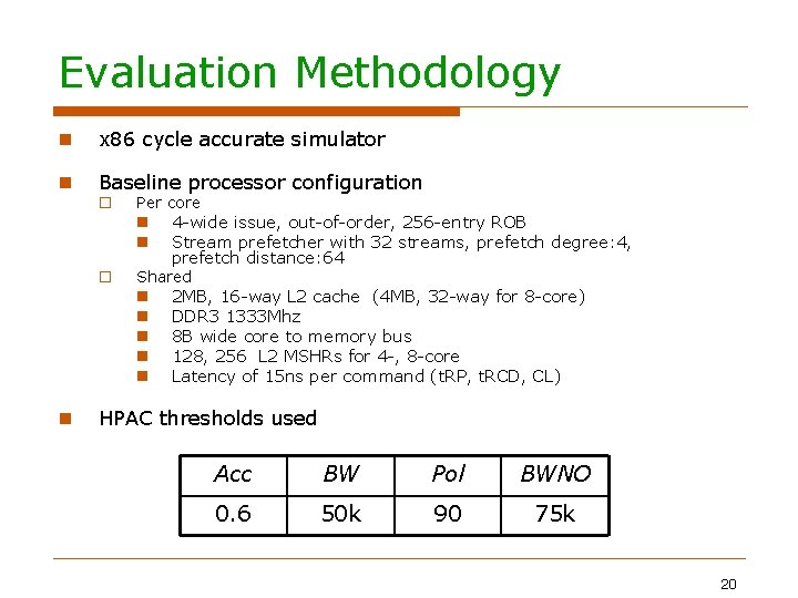 Evaluation Methodology x 86 cycle accurate simulator Baseline processor configuration Per core Shared 4