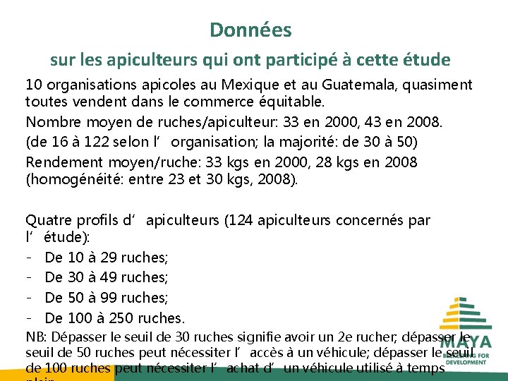 Données sur les apiculteurs qui ont participé à cette étude 10 organisations apicoles au