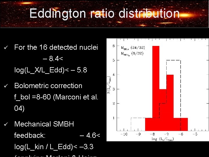 Eddington ratio distribution ü For the 16 detected nuclei – 8. 4< log(L_X/L_Edd)< –