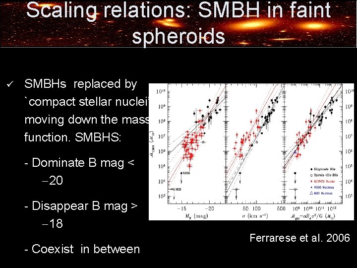 Scaling relations: SMBH in faint spheroids ü SMBHs replaced by `compact stellar nuclei’ moving