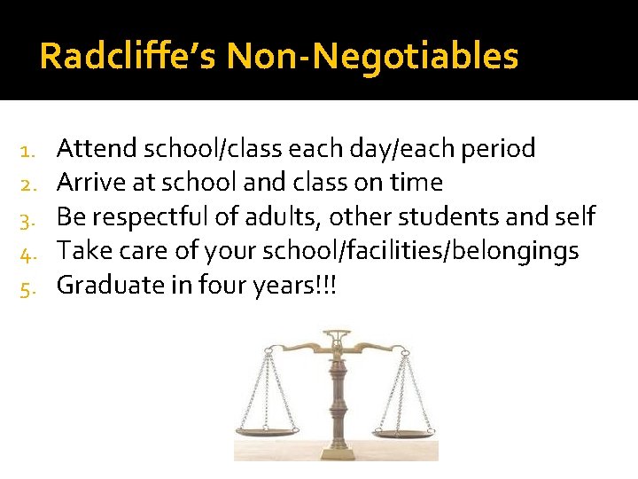 Radcliffe’s Non-Negotiables 1. 2. 3. 4. 5. Attend school/class each day/each period Arrive at