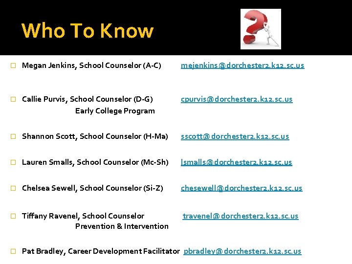 Who To Know � Megan Jenkins, School Counselor (A-C) mejenkins@dorchester 2. k 12. sc.