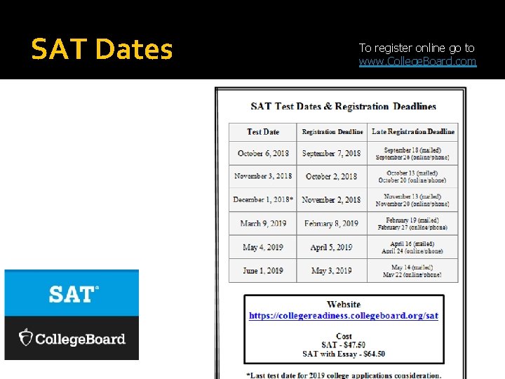 SAT Dates To register online go to www. College. Board. com 