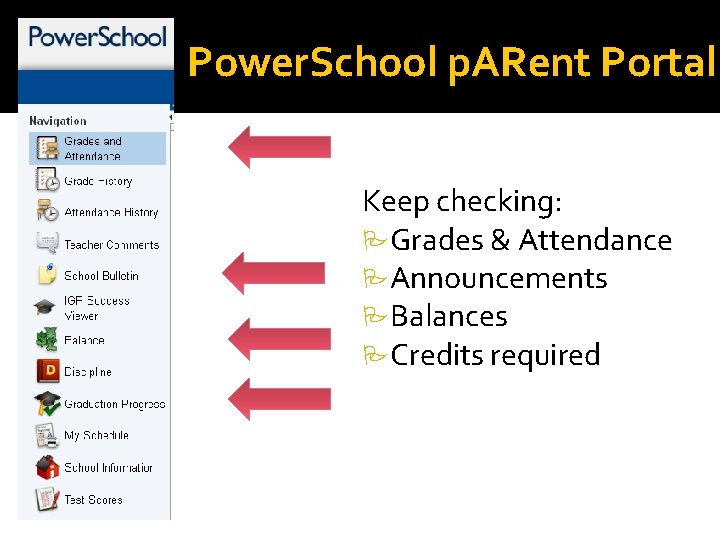 Power. School p. ARent Portal Keep checking: Grades & Attendance Announcements Balances Credits required