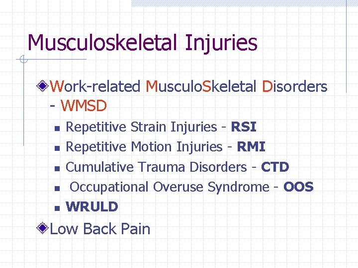 Musculoskeletal Injuries Work-related Musculo. Skeletal Disorders - WMSD n n n Repetitive Strain Injuries