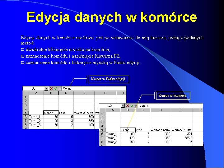 Edycja danych w komórce możliwa jest po wstawieniu do niej kursora, jedną z podanych