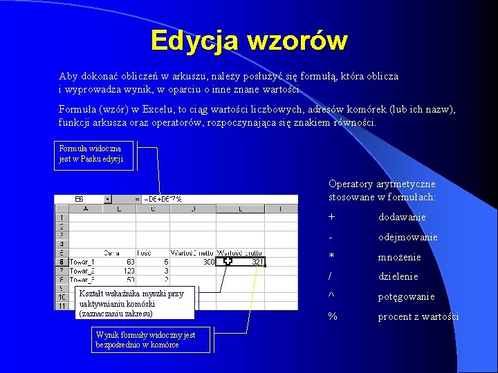 Edycja wzorów Aby dokonać obliczeń w arkuszu, należy posłużyć się formułą, która oblicza i