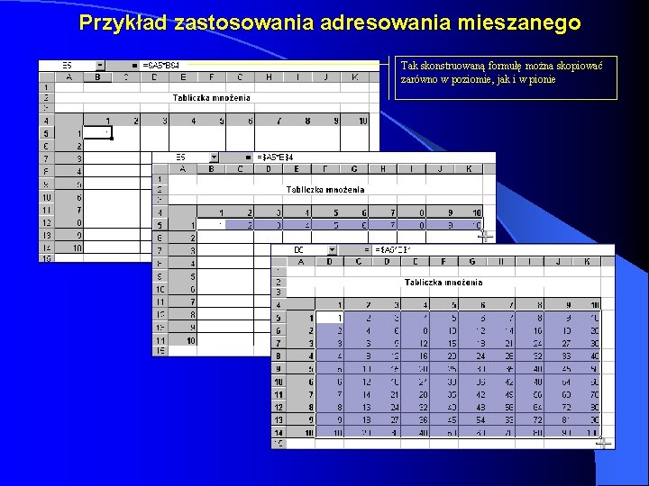 Przykład zastosowania adresowania mieszanego Tak skonstruowaną formułę można skopiować zarówno w poziomie, jak i