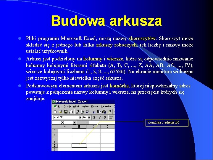 Budowa arkusza Pliki programu Microsoft Excel, noszą nazwę skoroszytów. Skoroszyt może składać się z