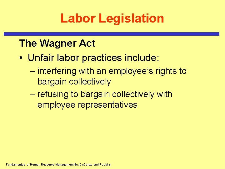 Labor Legislation The Wagner Act • Unfair labor practices include: – interfering with an