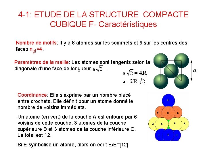 4 -1: ETUDE DE LA STRUCTURE COMPACTE CUBIQUE F- Caractéristiques Nombre de motifs: Il