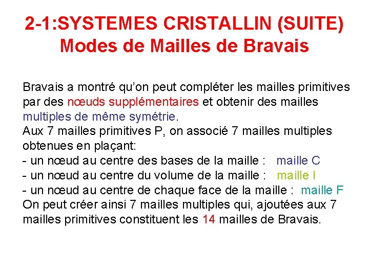 2 -1: SYSTEMES CRISTALLIN (SUITE) Modes de Mailles de Bravais a montré qu’on peut