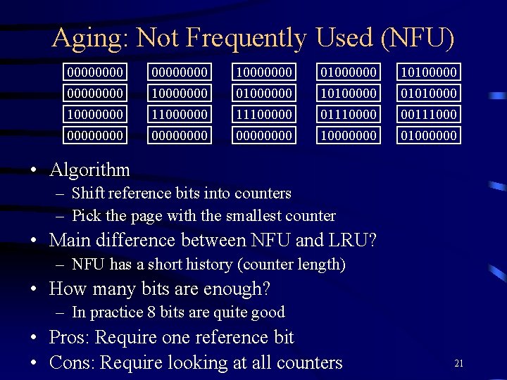 Aging: Not Frequently Used (NFU) 00000000 10000000 01000000 10100000 01010000000 00000000 11100000 01110000000 00111000