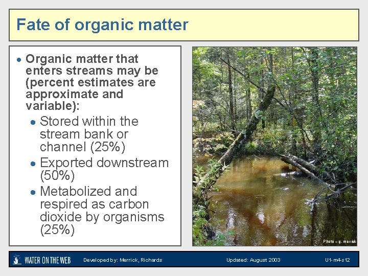 Fate of organic matter · Organic matter that enters streams may be (percent estimates