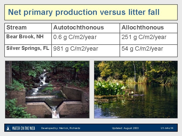 Net primary production versus litter fall Stream Autotochthonous Allochthonous Bear Brook, NH 0. 6