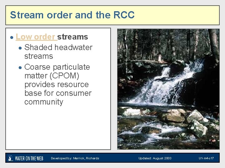 Stream order and the RCC · Low order streams · Shaded headwater streams ·