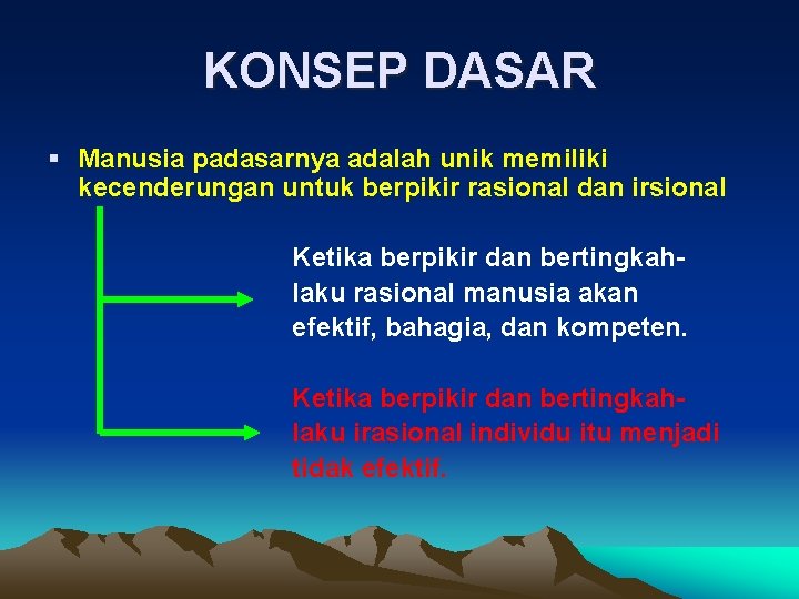 KONSEP DASAR § Manusia padasarnya adalah unik memiliki kecenderungan untuk berpikir rasional dan irsional