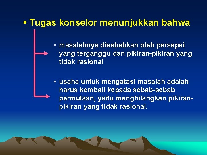 § Tugas konselor menunjukkan bahwa • masalahnya disebabkan oleh persepsi yang terganggu dan pikiran-pikiran