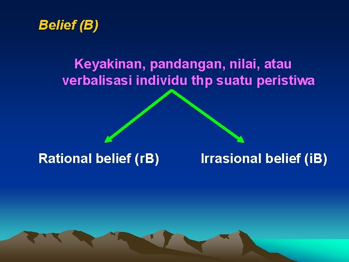 Belief (B) Keyakinan, pandangan, nilai, atau verbalisasi individu thp suatu peristiwa Rational belief (r.