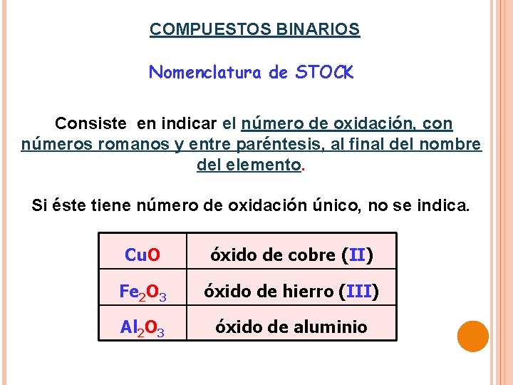 COMPUESTOS BINARIOS Nomenclatura de STOCK Consiste en indicar el número de oxidación, con números