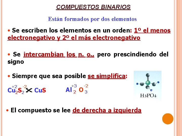 COMPUESTOS BINARIOS Están formados por dos elementos • Se escriben los elementos en un