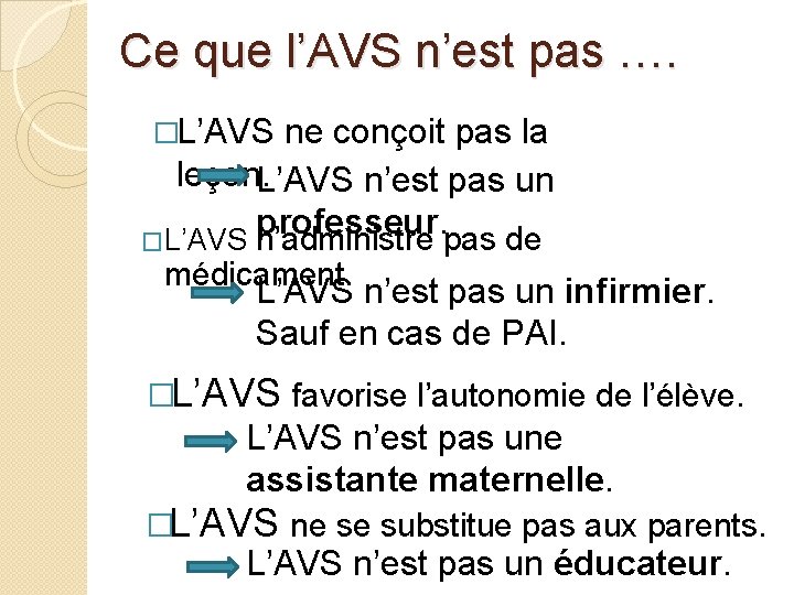 Ce que l’AVS n’est pas …. �L’AVS ne conçoit pas la leçon. L’AVS n’est