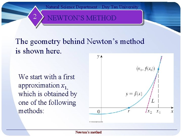 Natural Science Department – Duy Tan University 2 NEWTON’S METHOD The geometry behind Newton’s