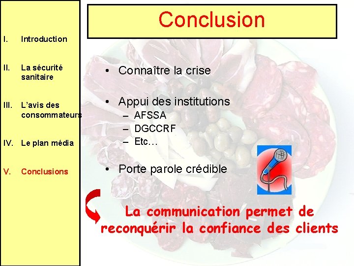 Conclusion I. Introduction II. La sécurité sanitaire III. L’avis des consommateurs IV. Le plan