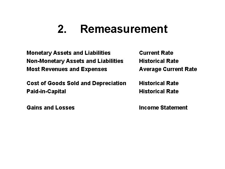 2. Remeasurement Monetary Assets and Liabilities Non-Monetary Assets and Liabilities Most Revenues and Expenses