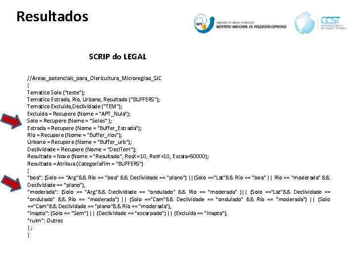 Resultados SCRIP do LEGAL //Areas_potenciais_para_Olericultura_Microregiao_SJC { Tematico Solo ("teste"); Tematico Estrada, Rio, Urbano, Resultado