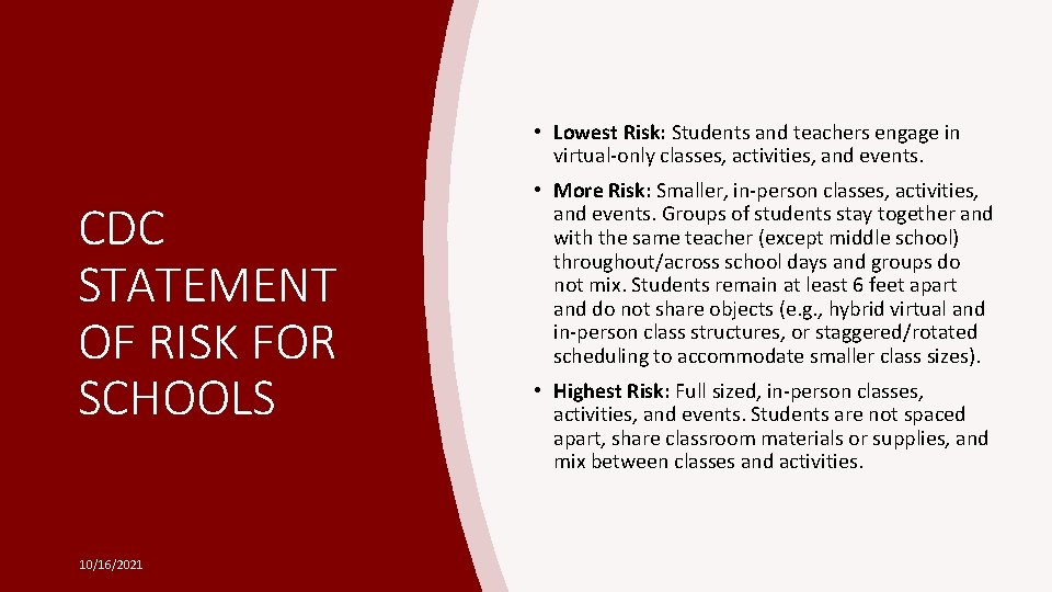  • Lowest Risk: Students and teachers engage in virtual-only classes, activities, and events.