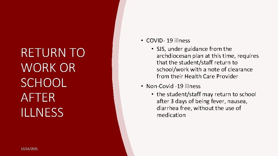 RETURN TO WORK OR SCHOOL AFTER ILLNESS 10/16/2021 • COVID- 19 illness • SJS,