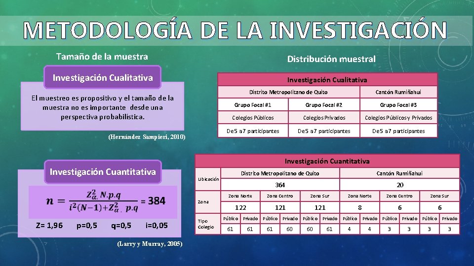 METODOLOGÍA DE LA INVESTIGACIÓN Tamaño de la muestra Distribución muestral Investigación Cualitativa Distrito Metropolitano