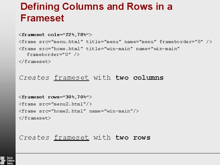 Defining Columns and Rows in a Frameset <frameset cols=” 22%, 78%”> <frame src=”menu. html”