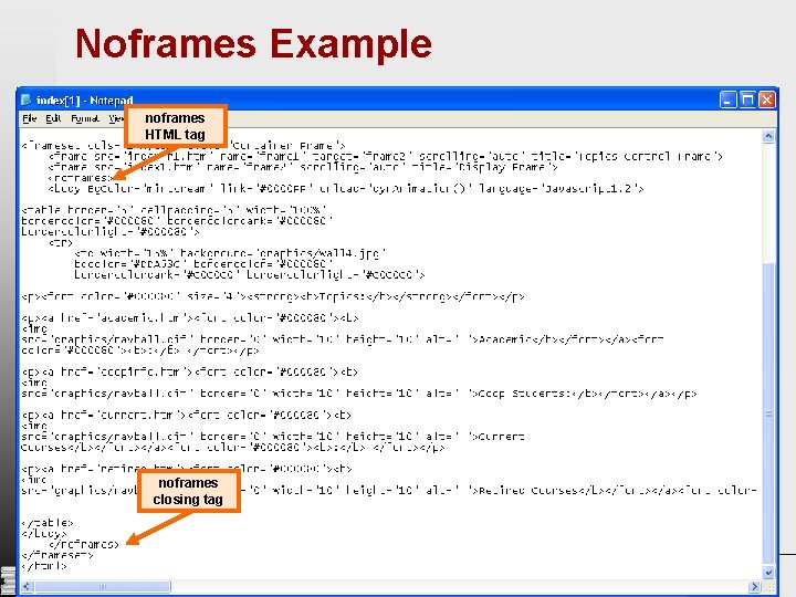Noframes Example noframes HTML tag noframes closing tag 