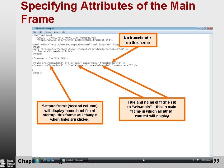 Specifying Attributes of the Main Frame No frameborder on this frame Second frame (second