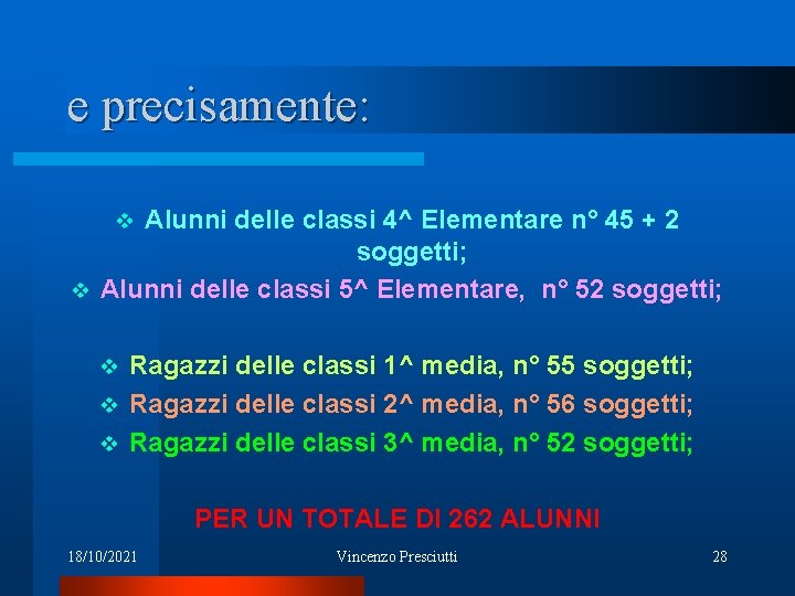 e precisamente: Alunni delle classi 4^ Elementare n° 45 + 2 soggetti; v Alunni