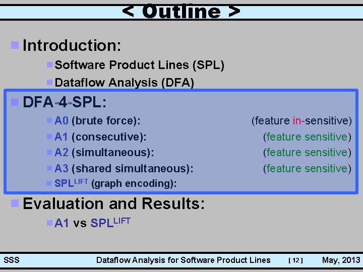 < Outline > Introduction: Software Product Lines (SPL) Dataflow Analysis (DFA) DFA-4 -SPL: A