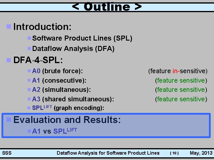 < Outline > Introduction: Software Product Lines (SPL) Dataflow Analysis (DFA) DFA-4 -SPL: A